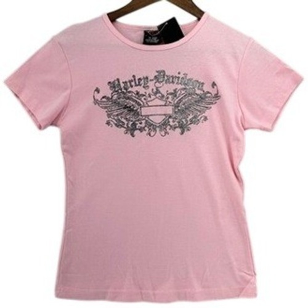 Y2K Harley-Davidson DEADSTOCK Pink Glitter Wing Logo Graphic Tee Lake Charles LA